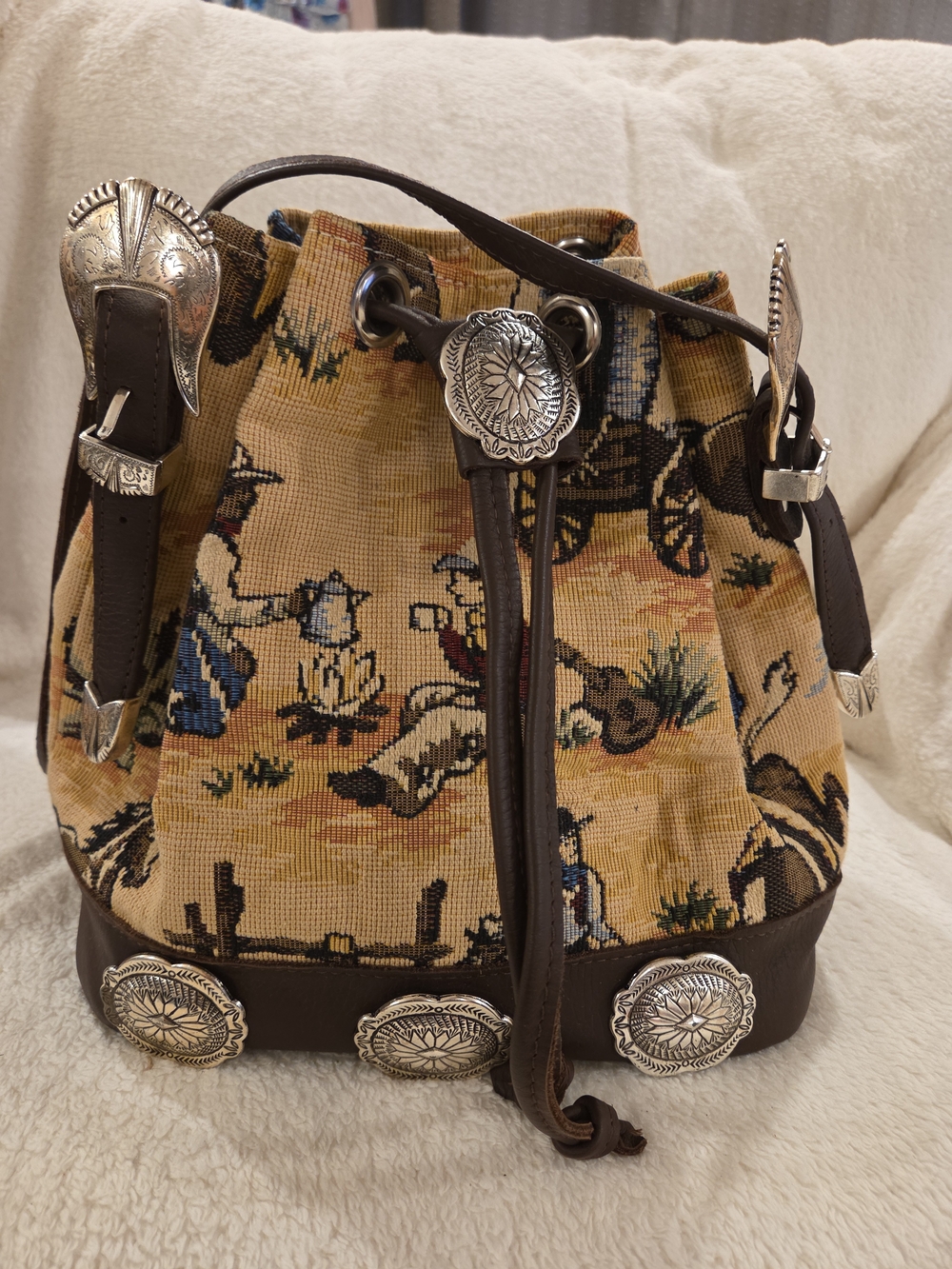 Vintage Southwestern Tapestry Bucket Bag | Western Leather Drawstring Purse - Picture 1 of 10